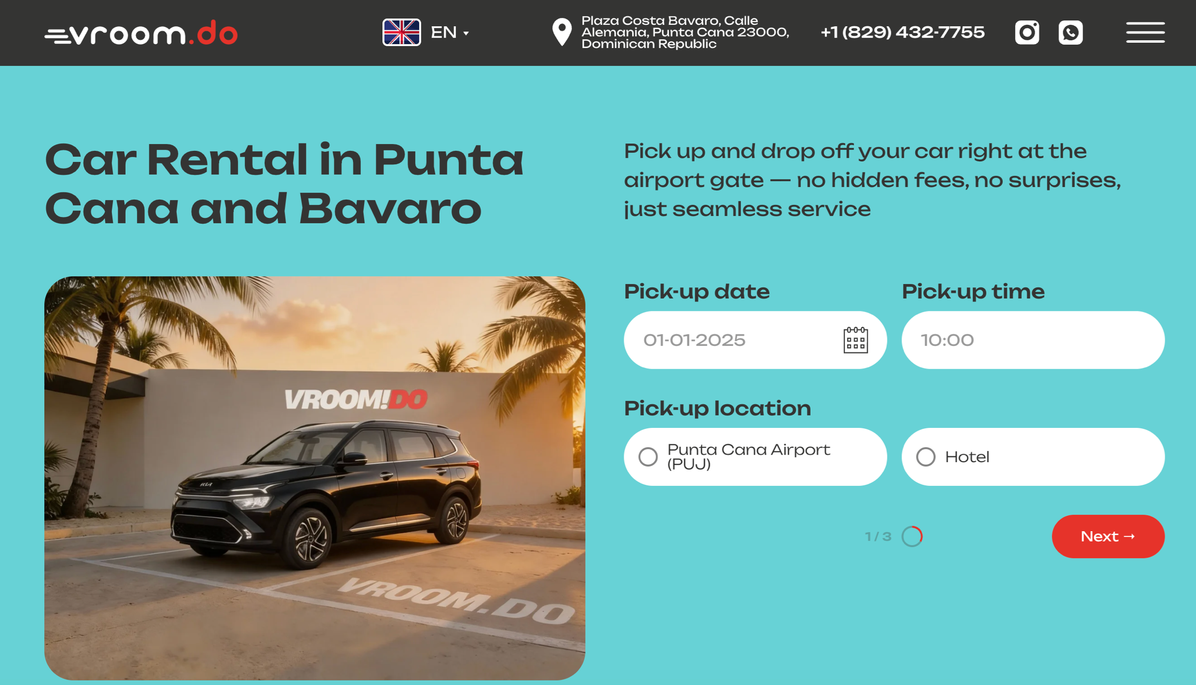 Vroom.DO homepage with the car booking form